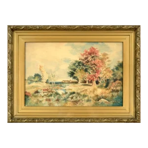 Early 20th Century Autumn Landscape Watercolor Painting by E. Camren, Framed