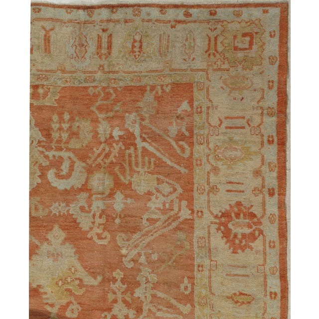 Antique Oushak Carpet, Handmade Oriental Rug, Coral Field, Gold, Ivory Border For Sale - Image 9 of 11