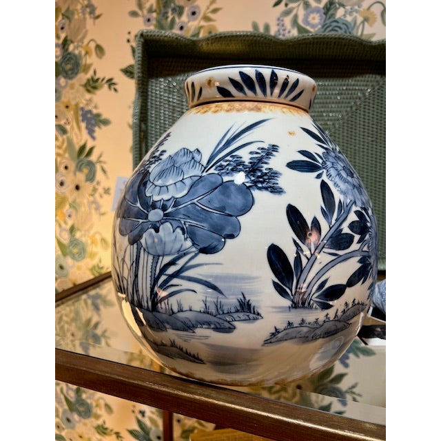 French Country Decorative Blue & White Stoneware Ginger Jar For Sale - Image 3 of 7