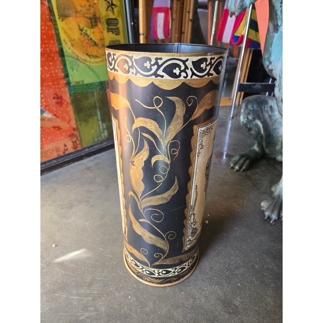 1960s 1960s Mid Century Italian Black Tole Painted and Decoupage Umbrella Stand Manner of Fornasetti For Sale - Image 5 of 7