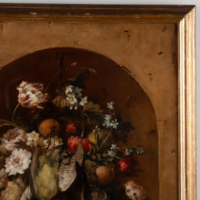 Baroque Original Oil on Canvas Still Life Painting of Foul, Flowers, and Fruit From Portugal For Sale - Image 3 of 10