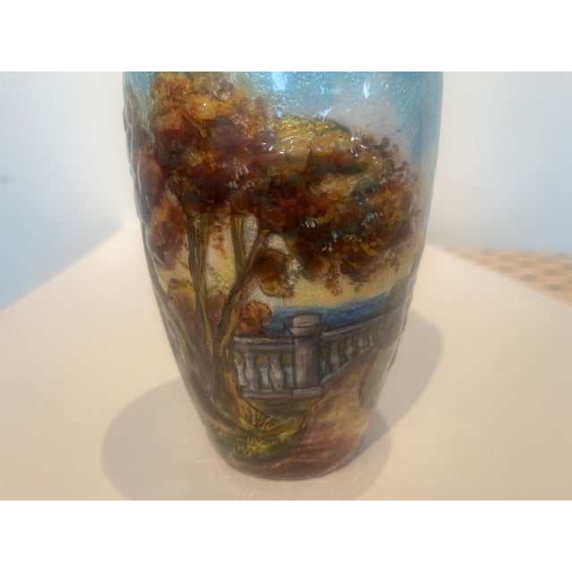 Antique Late 19th Century French Countryside Chateau Painted Enamel on Copper Scenic Vase Signed and Marked France Circa 1900 For Sale - Image 6 of 13