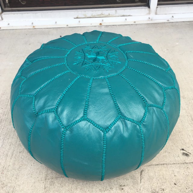 Teal Moroccan Hand Made Teal Leather Pouf For Sale - Image 8 of 8