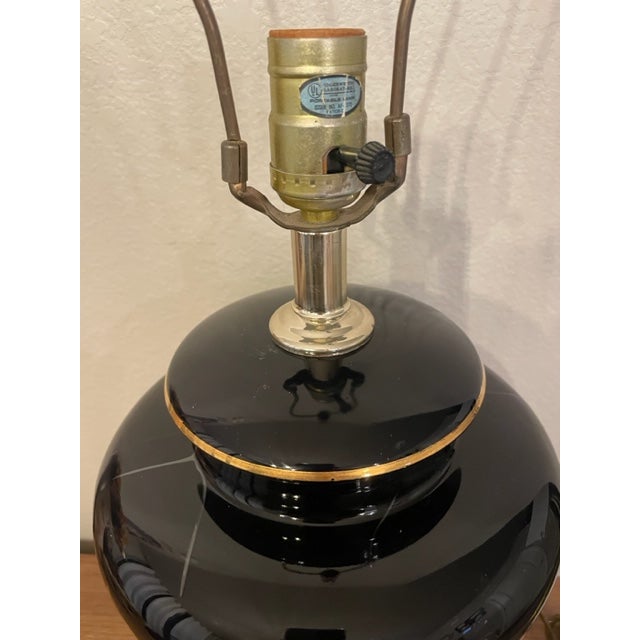 Vintage Asian Black Blue Floral Ginger Jar Lamp With Gold and Brass Accents For Sale - Image 4 of 7