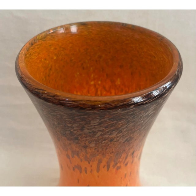 Monart Glass, made in Scotland 1930s, lush tangerine gradient to chocolate brown, and glitter gold flecks, artfully and...