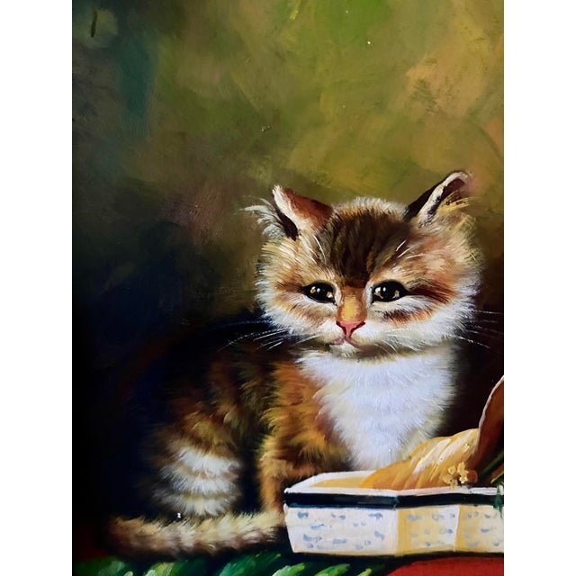 Mid 20th Century Oil on Board Painting of Playful Kittens - Signed 'Scott' (After Jules Leroy) in Ornate Gold Toned With Black Accent Frame. For Sale - Image 11 of 18