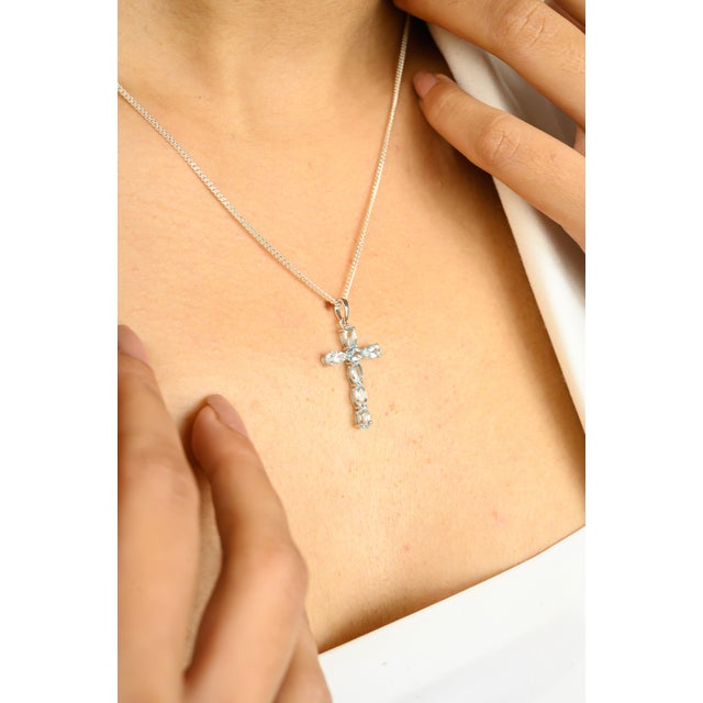 Handcrafted Aquamarine Cross Pendant for Mom Made in 14k Yellow Gold For Sale In New York - Image 6 of 9