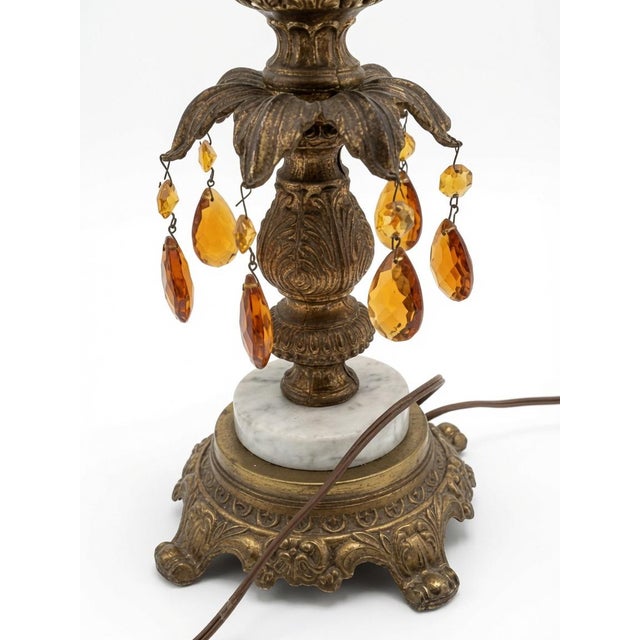 Vintage 1970s Hollywood Regency Brass Palm Tree Table Lamps – Pair With Amber Crystal Drops & Large Gold Fabric Shades For Sale In Buffalo - Image 6 of 6