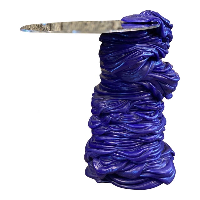 Baroque Style Blue Side Table With Mirrored Top by James Shaw For Sale