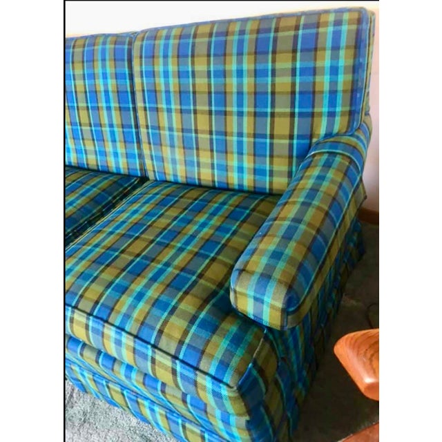Textile Mid Century Sofa Blue and Green Plaid 3 Seat Sofa For Sale - Image 7 of 12