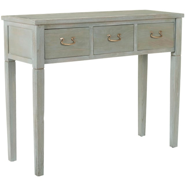 the console, with slightly tapered legs, just right distressed white finish and three drawers for stashing, has a basic,...