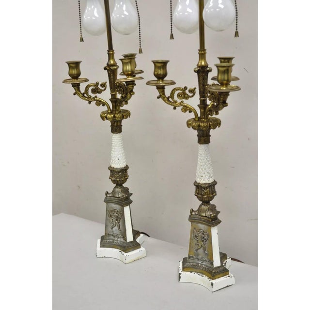Traditional Vintage French Empire Style Candlestick Candelabra Brass Table Lamps - A Pair For Sale - Image 3 of 12