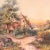 A substantial, antique landscape showing a view of a picturesque rustic cottage standing beside a pond at late sunset. An...