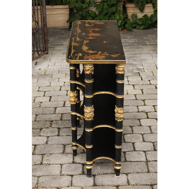 Early 20th Century English Ebonized Three-Tiered Shelf with Chinoiserie Decor and Gilded Accents For Sale - Image 11 of 11
