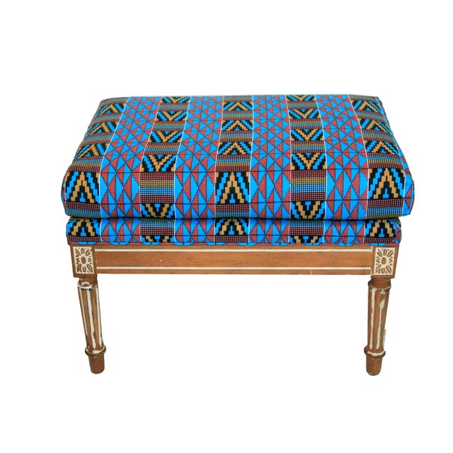 Mid-Century French Ottoman Stools With Geometric African Print- a Pair For Sale - Image 9 of 11