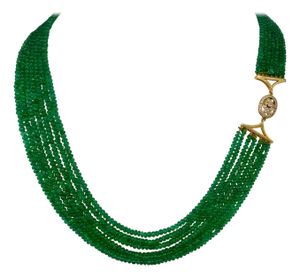 200 Carat Emerald Beads 7 Line Necklace with Diamond Clasp 18 Karat Yellow Gold
