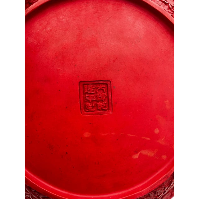 Paint Stunning Antique Elaborate Cinnabar Lacquer Wufu Bat Bowl For Sale - Image 7 of 12