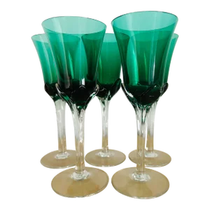 Antique Hand Blown Green Crystal Dessert Wine Glasses- Set of 5