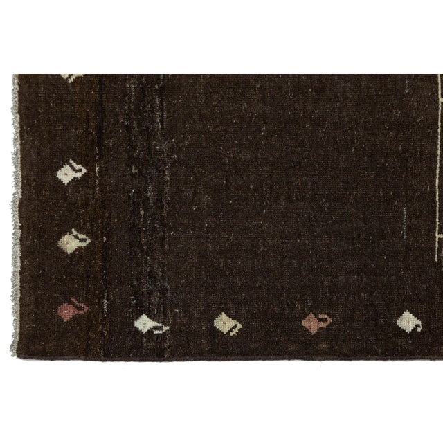 3 X 6 Minimalist Dark Brown Modern Gabbeh Wool Rug – Hand-Knotted Tribal Runner For Sale In New York - Image 6 of 8