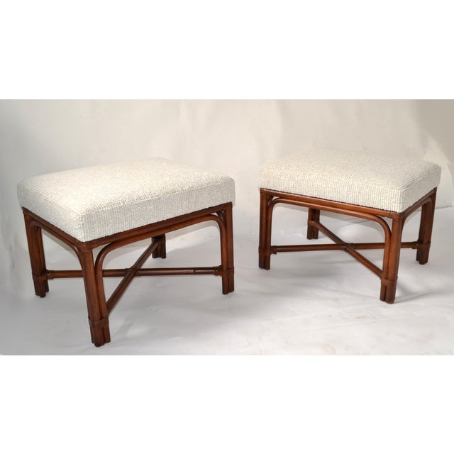 Pair of 1970s McGuire Attributed Bamboo Wood Bouclé Fabric Upholstery Ottomans Mid-Century Modern For Sale - Image 13 of 13