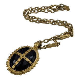 Vintage Karl Lagerfeld Pendant Necklace in Black Glass and Gold Tone For Sale