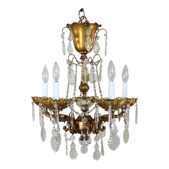 Vintage Maison Jansen Gilt Brass and Crystal Chandelier For Sale