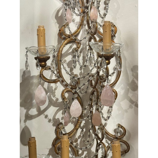 Pair of Italian Large Scale Beaded and Rose Quartz Sconces For Sale - Image 4 of 6