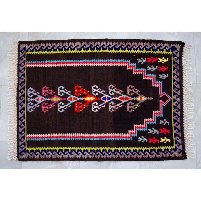Handwoven Kilim 3x4 - Vintage Turkish Prayer Rug - Dark Brown Organic Wool - Tree of Life Wall Hanging - Small Tribal Accent Rug For Sale - Image 4 of 11