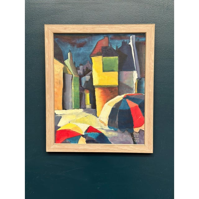 Original Swedish Oil on Canvas – “Cityscape with House Facades” by Ebbe Höglund – Signed & Dated 1960 – Vintage & Framed –...