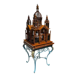 Maitland-Smith Gothic Style Architectural Birdcage in Mahogany With Wrought-Iron Game Table Base