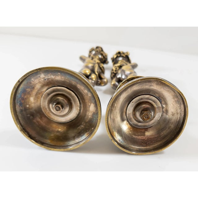 19th Century Pair of French Silvered Bronze Candlestick in Cherub or Putti Form For Sale - Image 12 of 12