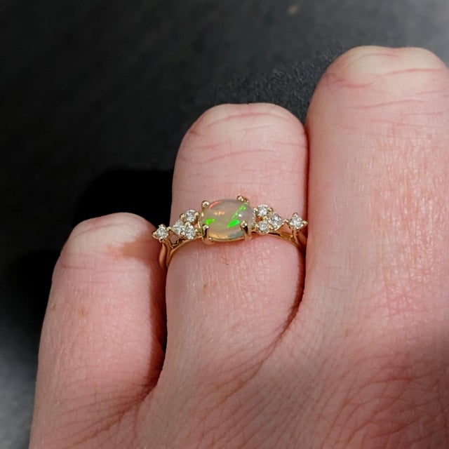 East West Opal Ring W Earth Mined Diamonds in Solid 14k Yellow Gold | Oval 8x6mm For Sale - Image 18 of 18