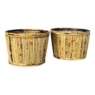 Pair of Vintage Tortoiseshell Bamboo Cache Pots or Planters For Sale