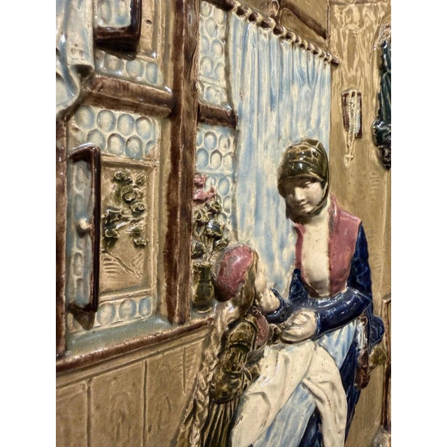 Historicism Porcelain Majolica Relief Image of a Mother with Children in a Room, 1890s For Sale - Image 4 of 13