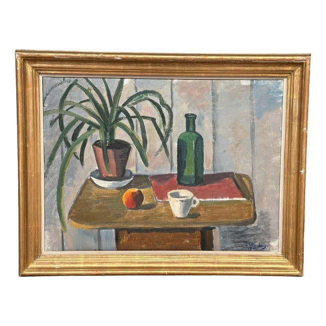 Åke Winnberg, Potted Plant and Green Bottle, 1946, Oil on Canvas, Framed For Sale