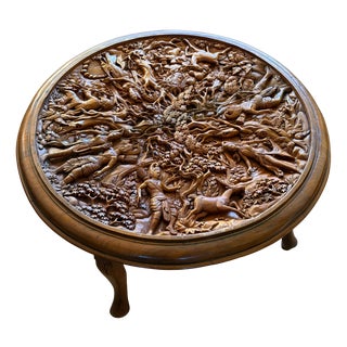 Indonesian Round Wooden Carved Coffee Table, 1920s For Sale