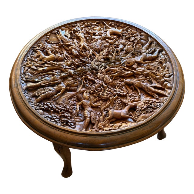 Indonesian Round Wooden Carved Coffee Table, 1920s For Sale