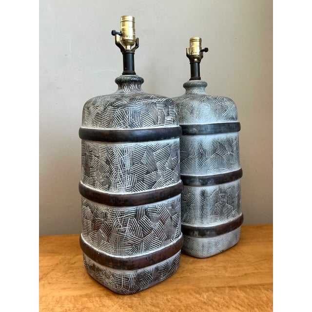 Metal Vintage Geometric Ceramic Table Lamps - Pair For Sale - Image 7 of 12