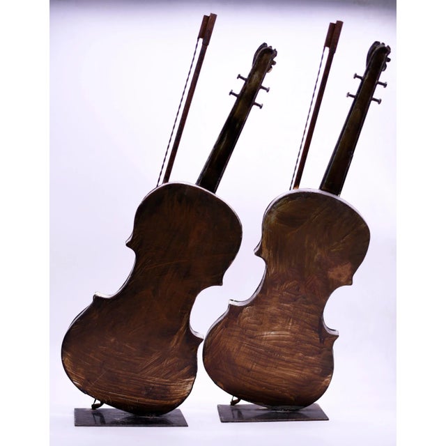Traditional Vintage Decorative Ornamental Metal Sculpture Violin With Bow - a Pair For Sale - Image 3 of 9