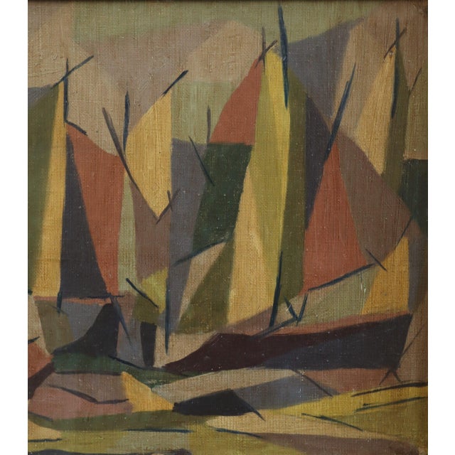 Yellow 1955 Mid-Century Modern 'Woodland Rhythm' Vintage Swedish Abstract Cubist Landscape Oil Painting, Framed For Sale - Image 8 of 11