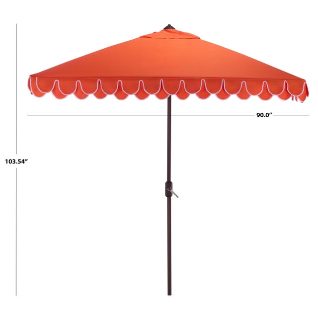 Transform your outdoor space with the sophisticated charm of our elegant valance 7.5 ft square umbrella in vibrant orange...