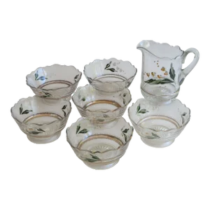 Vintage Hand-Painted Dessert Glass Bowls & Carafe Set- 7 Pieces