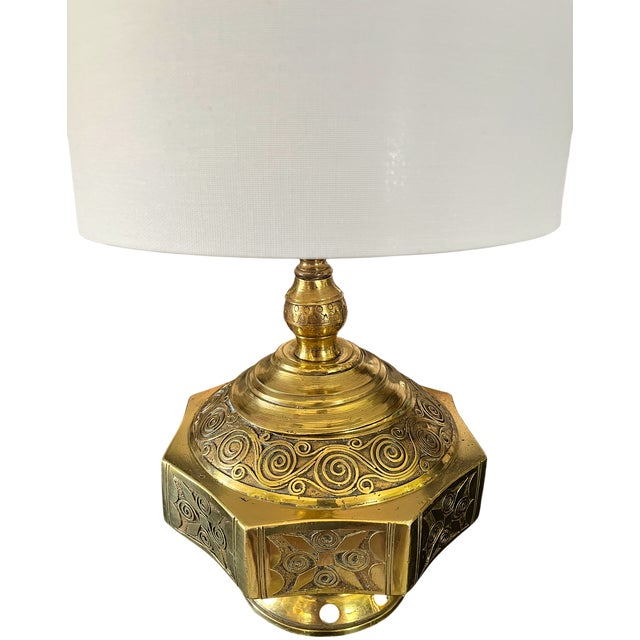 Mid 20th Century Mid 20th Century Moroccan Moorish Engraved Brass Oil Lamp-Form Table Lamp For Sale - Image 5 of 10