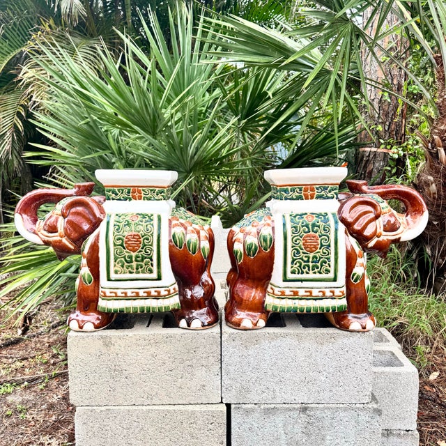 Late 20th Century Boho Chic Painted and Glazed Ceramic Elephant Planters/Side Table - A Pair For Sale - Image 5 of 10