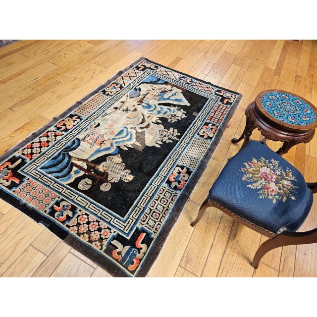 Antique Ningxia Pictorial Rug, Wool Pile, Scenic Landscape, Western China, 1890s For Sale - Image 12 of 12