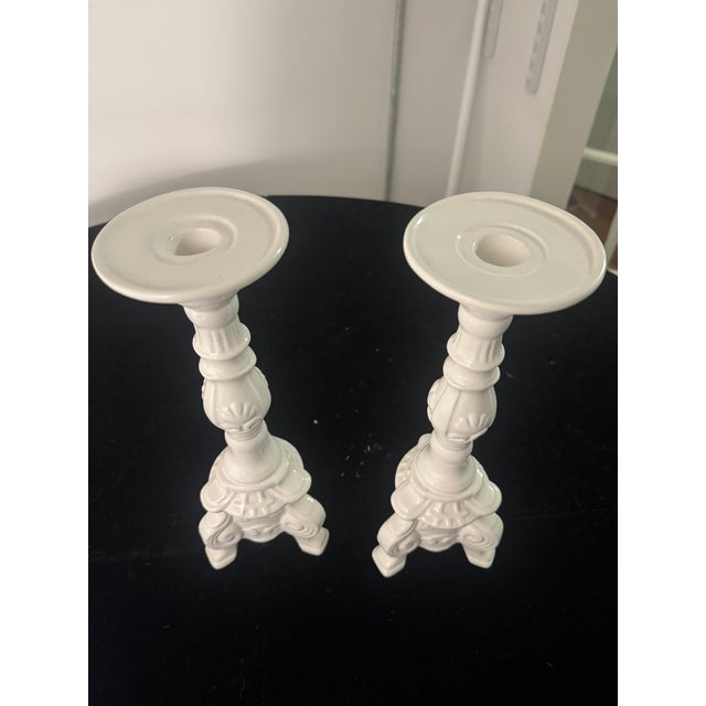 Victorian Vintage Napcoware Provincial White Ceramic Candlesticks For Sale - Image 3 of 9