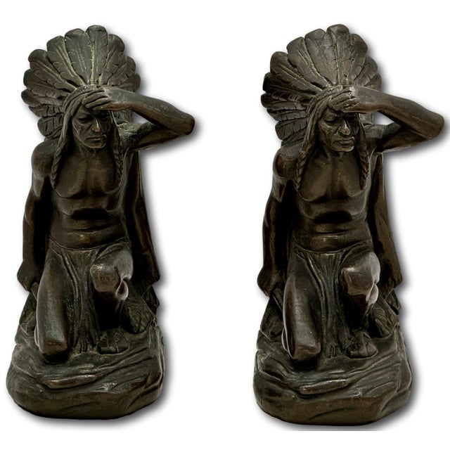 Large & Unusual Antique Native American Indian Motif Bronze Clad Bookends Signed Ruhl - Circa 1910s For Sale In Boston - Image 6 of 18