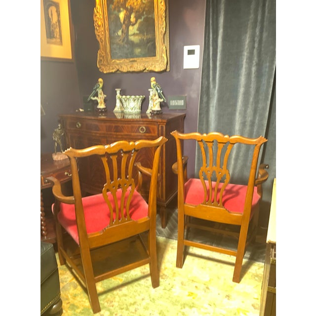 Mid 20th Century Pair of Vintage English Chippendale Style Mahogany Library Armchairs in Crimson Velvet For Sale - Image 5 of 8