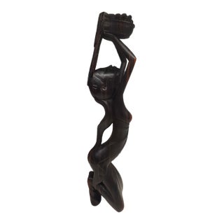 Vintage Mid-Century Balinese Modernist Water Carrier – 14-Inch Two-Tone Ebony Carving For Sale
