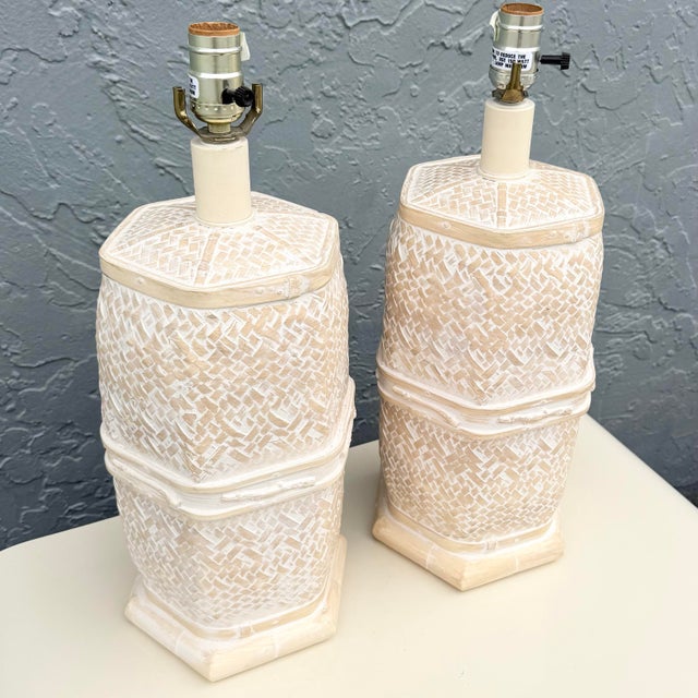 Vintage Boho Chic Ceramic Faux Bamboo and Wicker Table Lamps - A Pair For Sale - Image 4 of 7